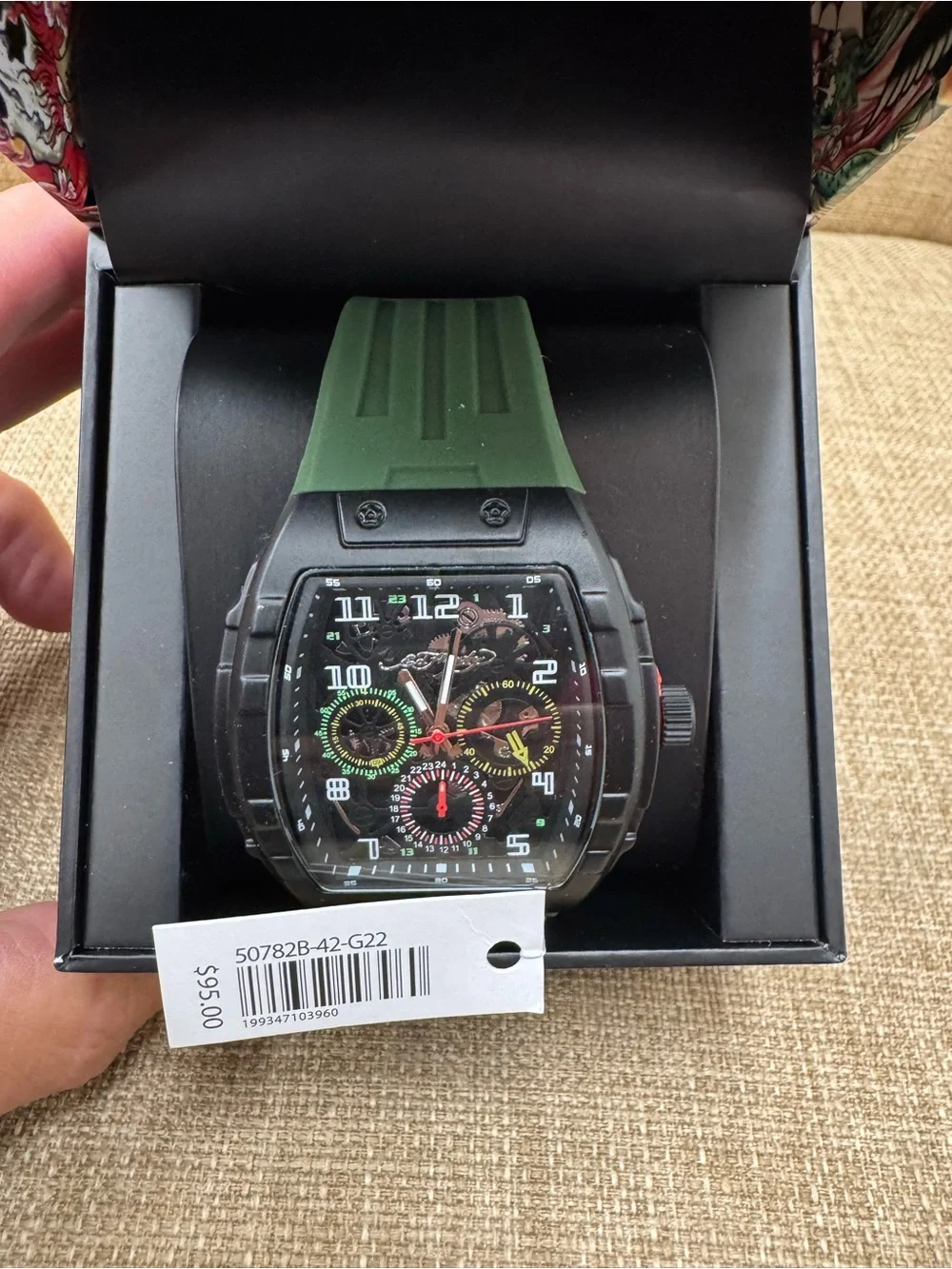 Ed Hardy Quartz Skull Skeleton Dial Watch Black Tonneau Green Strap 100m Box
